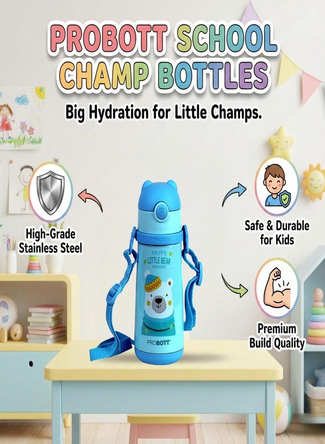 Probott School Champ 370ml Sipper Bottle for 3-5yrs Old Kids with Straw & Strap to Carry, Blue | Stainless Steel Hot & Cold Water Bottle | Double Walled Vacuum Flask | Perfect for Toddlers | Leakproof - Image 2